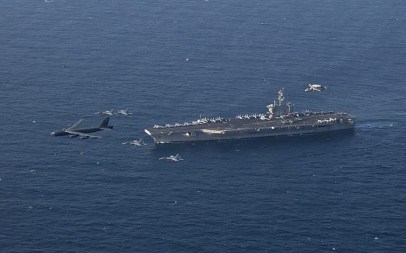 The USS Abraham Lincoln Carrier Strike Group and a US Air Force B-52H Stratofortress conduct joint exercises in the in the Arabian Sea, June 1, 2019. (US Navy photo by Mass Communication Specialist 1st Class Brian M. Wilbur/Released)