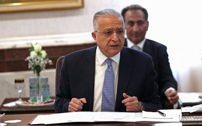 Iraqi Foreign Minister Mohamed Alhakim attends a meeting with his Egyptian and Jordanian counterparts at the Ministry of Foreign Affairs in Baghdad, Iraq, August 4, 2019. (AP Photo/Hadi Mizban)