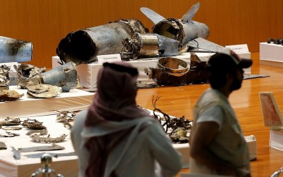 The Saudi military displays what they say are an Iranian cruise missile and drones used in recent attack on its oil industry at Saudi Aramco's facilities in Abqaiq and Khurais, during a press conference in Riyadh, Saudi Arabia, September 18, 2019. (Amr Nabil/AP)