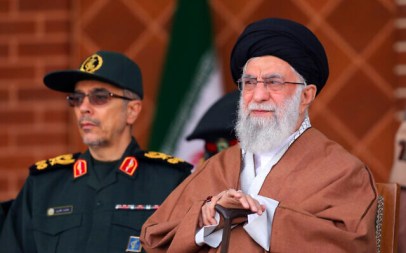 In this picture released by an official website of the office of the Iranian supreme leader, Supreme Leader Ayatollah Ali Khamenei, right, reviews armed forces with Chief of the General Staff of the Armed Forces Gen. Mohammad Hossein Bagheri, during a graduation ceremony at Iran's Air Defense Academy, in Tehran, Iran, October 30, 2019. (Office of the Iranian Supreme Leader via AP)