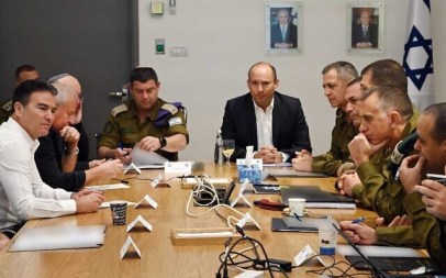 Defense Minister Naftali Bennett (C) and security chiefs during a situational assessment at the Kirya military headquarters in Tel Aviv on January 3, 2020. (Ariel Hermoni/Ministry of Defense)