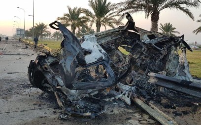 The wreckage of an American airstrike that killed Iranian general Qassem Soleimani in Baghdad on January 3, 2020. (Social media)