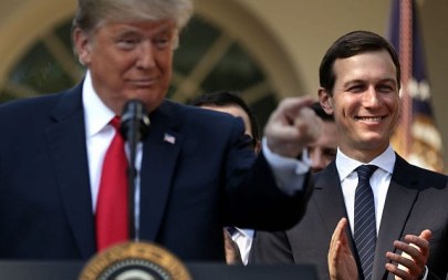 Jared Kushner (R) joins US President Donald Trump as he holds a press conference in the Rose Garden of the White House on October 1, 2018. (Chip Somodevilla/Getty Images via JTA)