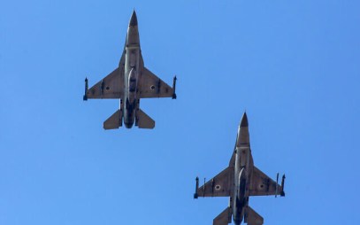 F-16 jets fly above the Herzliya airport on November 15, 2019. (Moshe Shai/Flash90) F-16 jets fly above the Herzliya airport on November 15, 2019. (Moshe Shai/Flash90)