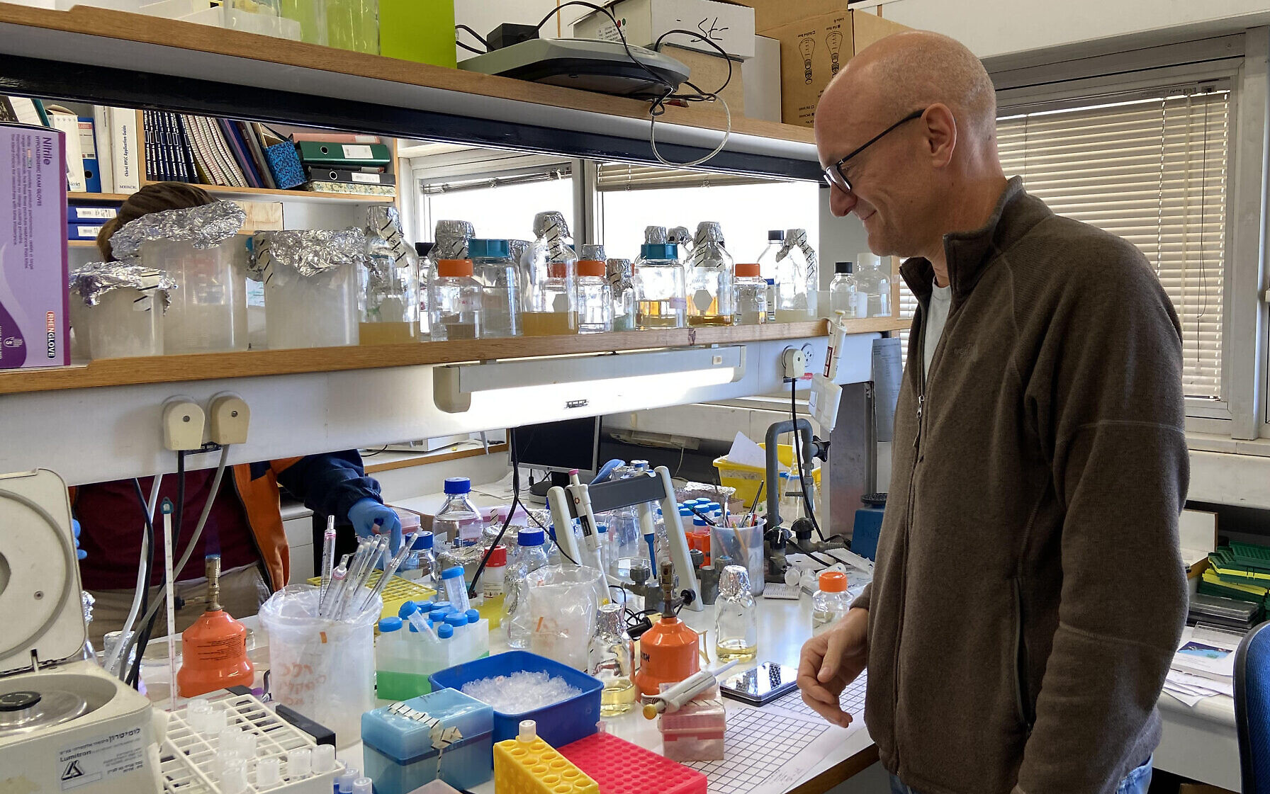 Prof. Isaiah (Shy) Arkin in his lab at the Hebrew University, March 29, 2020 (ToI staff) Prof. Isaiah (Shy) Arkin in his lab at the Hebrew University, March 29, 2020 (ToI staff)