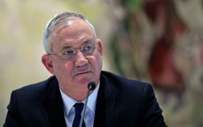 Defense Minister Benny Gantz attends a cabinet meeting of the new government at Chagall State Hall in the Knesset in Jerusalem on May 24, 2020. (Abir Sultan/Pool/AFP)
