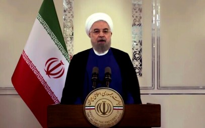 Iranian President Hassan Rouhani speaking in a pre-recorded message played during the 75th session of the United Nations General Assembly, at UN headquarters in New York, September 22, 2020. (UNTV via AP)