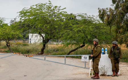Israeli soldiers block a road near the Gaza border on April 24, 2021 (Flash90)
