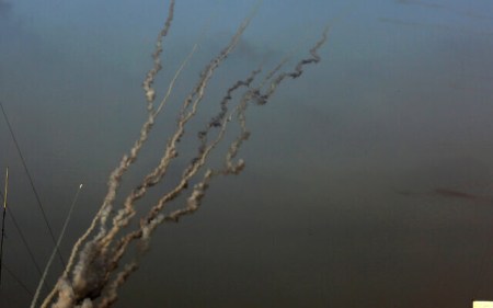 Rockets are fired from Gaza City towards Israel on May 11, 2021 (Atia Mohammed/Flash90)