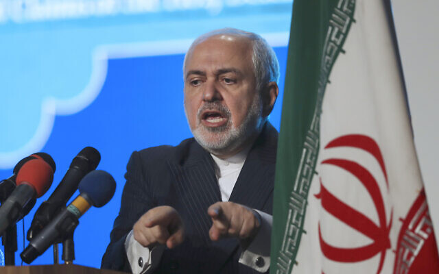 In this February 23, 2021 file photo, Iran's Foreign Minister Mohammad Javad Zarif addresses a conference in Tehran, Iran. (AP Photo/Vahid Salemi, File)