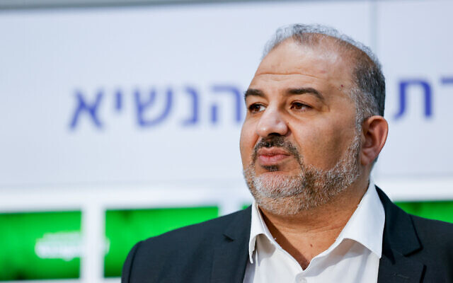 Mansour Abbas, head of the Ra'am party, gives a press statement after meeting with Israeli president Reuven Rivlin at the President's Residence in Jerusalem on April 5, 2021. (Yonatan Sindel/Flash90)