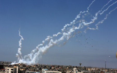 Rockets are launched towards Israel from the southern Gaza Strip, on May 12, 2021 (Abed Rahim Khatib/Flash90)