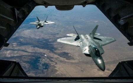Two U.S. Air Force F-22 Raptors fly above Syria on Feb. 2, 2018. (Staff Sgt. Colton Elliott/US Air National Guard)