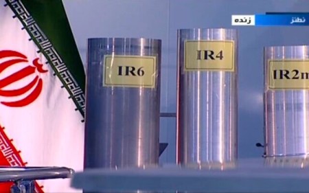 In this June 6, 2018 frame grab from the Islamic Republic Iran Broadcasting, IRIB, state-run TV, three versions of domestically-built centrifuges are shown in a live TV program from Natanz, an Iranian uranium enrichment plant, in Iran. (IRIB via AP, File)