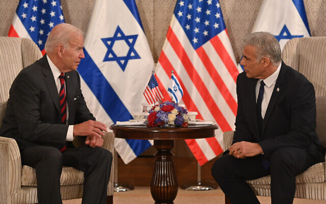 US President Joe Biden and Prime Minister Yair Lapid meet in Jerusalem, July 14, 2022. (Kobi Gideon/GPO)