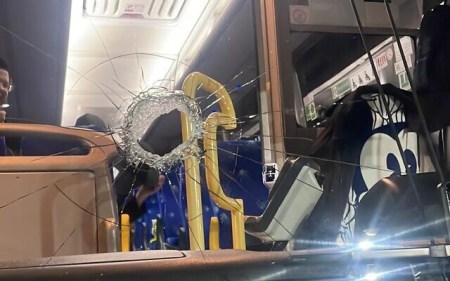 A bus window broken by a rock, allegedly thrown by a resident of the southern Bedouin town of Hura, sometime in March 2023. (Israel Police and Shin Bet security service)