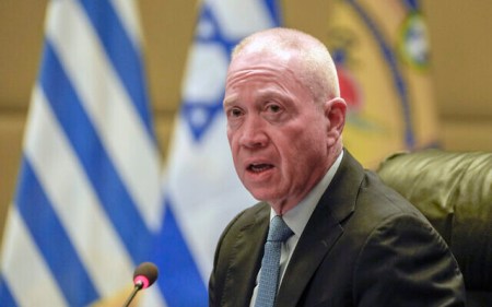 Defense Minister Yoav Gallant speaks during a meeting with his Greek counterpart Nikos Panagiotopoulos, in Athens, May 4, 2023. (AP Photo/Thanassis Stavrakis)