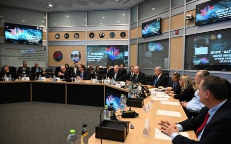 Members of Israel's security cabinet convene for a mock assessment at the IDF's main underground command center in Tel Aviv, amid a major drill, June 4, 2023. (Hain Zach/GPO)